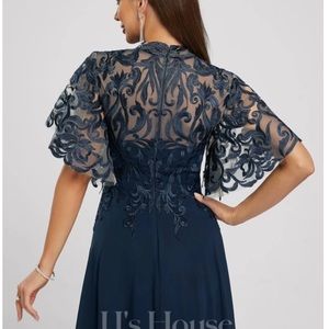 A-line High Neck Asymmetrical Chiffon Cocktail Dress With Embroidered Bodice.